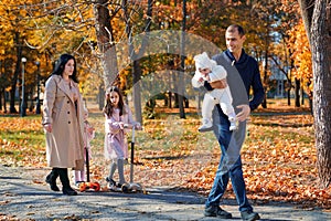 a big family walking together in an autumn city park, children and parents, happy people enjoying beautiful nature, a bright sunny
