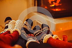 Big family is warming near the fireplace