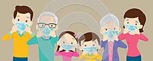 Big family  wearing a surgical mask to prevent virus covid-19 with copy space for banner