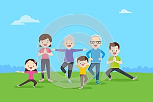 Big family yoga exercising together