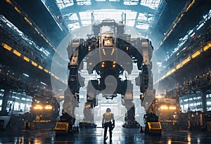 Big fantastic walking four legged mechanical robot in a large hangar