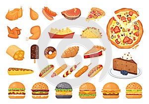 Big fast food set of vector icons in cartoon style. Street dinner junk menu. Burger, pizza, meat, hot dog, dessert.