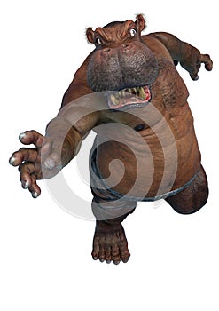 Big and fat hippopotamus mutant on frontal  jump in a white background