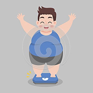 Big Fat Man happy standing on electronic scales for weight Body weight, celebrating and cheering a weight loss goal achievement,