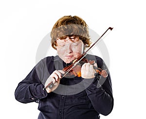 Big fat red-haired boy with small violin