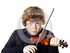 Big fat red-haired boy with small violin