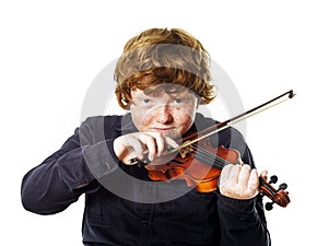 Big fat red-haired boy with small violin