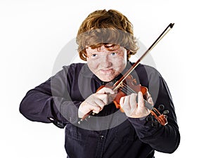 Big fat red-haired boy with small violin