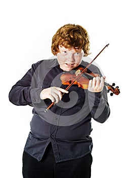 Big fat red-haired boy with small violin