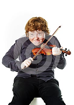 Big fat red-haired boy with small violin