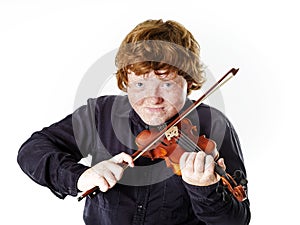 Big fat red-haired boy with small violin