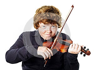 Big fat red-haired boy with small violin