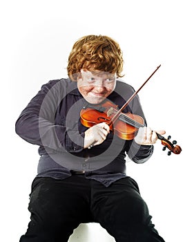 Big fat red-haired boy with small violin