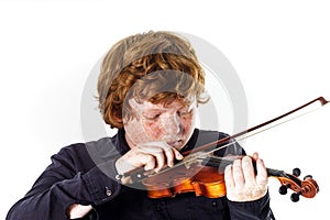 Big fat red-haired boy with small violin