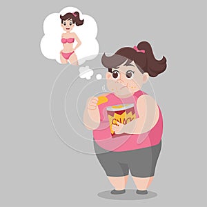 Big Fat woman eating snack and hope to be a slender woman