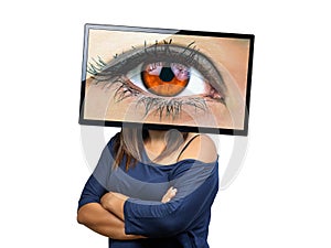 Big female eye on tv screen looking isolated. Big Brother is watching you. Conceptual image