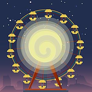 Big Ferris wheel at night amusement park, cartoon flat style, vector clip art illustration