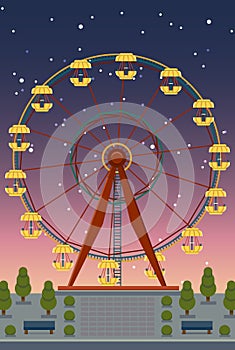 Big Ferris wheel at night amusement park, cartoon flat style, vector clip art illustration