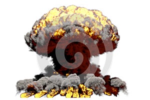 Big blast 3D illustration of detailed fire mushroom cloud explosion with flames and smoke, it looks like nuclear bomb or any other