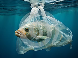 Big fish trapped in a plastic bag due to ocean pollution