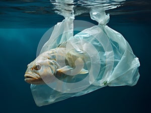 Big fish trapped in a plastic bag due to ocean pollution