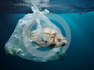 Big fish trapped in a plastic bag due to ocean pollution