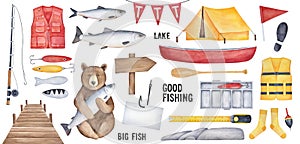 Big Fishing Collection of various fishing tools, brown bear character, yellow tent, wooden signboard, fishhook with paper note, re