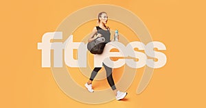 Big fitness inscription over girl going to gym