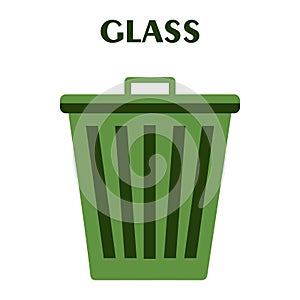 Big Flat green recycle garbage can with text Glass. Trash bin in cartoon style. Recycling trash can. Vector illustration isolated