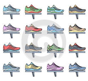 Big flat illustration collection set of sneakers running, walking, shopping, style backgrounds. Vector concept elements