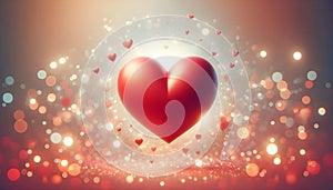a big flat RED heart in a modern style volumetric against an abstract soft peach fuzz background of bokeh lights, blurred spots on