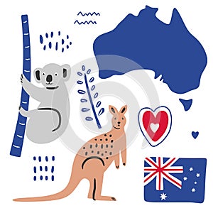 Big flat set of Australian famous icons koala  kangaroo  flag and map isolated on white background. Traditional cuisine