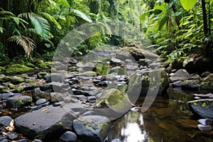 big, flat stones scattered along the jungle creek