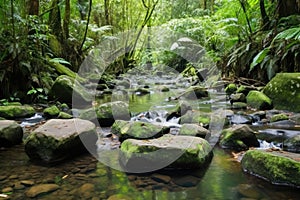 big, flat stones scattered along the jungle creek