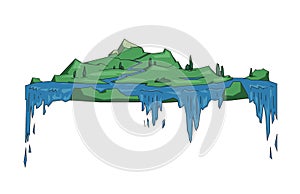 Big floating island with waterfalls, fantasy flat Earth concept. Flat line vector illustration. Colored cartoon style