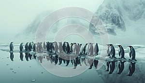 Big Flock of lovely Emperor penguins on icy and snowy coast in cold Antarctic sea waters with picturesque moody landscape