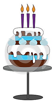 A big fondant birthday cake mounted on a grey cake stand vector or color illustration