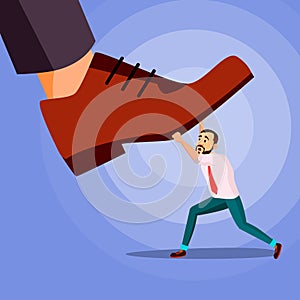 Big Foot Stepping On Businessman Vector. Power. Fights Against Giant Foot. Crisis. Domination Cartoon Illustration