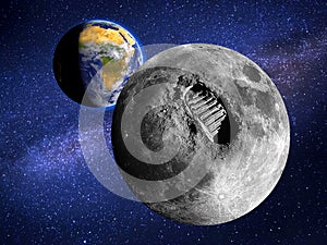 Big footprint or step on Moon surface in the universe. Image kindly provided by NASA