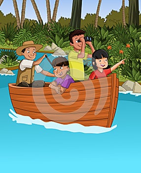 Big forest with cartoon children on a boat.