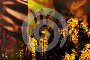 Big forest fire fight concept, natural disaster - infernal fire in the trees on Barbados flag background - 3D illustration of