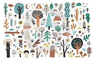 Big forest plants clipart collection on white background. Hand drawn woodland trees, herbs, mushrooms, flowers