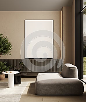 Big frame mockup in modern beige interior background, 3d rendering