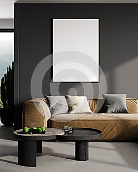 Big frame mockup in modern dark gray interior background, 3d rendering