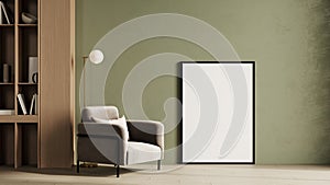 Big frame mockup in modern green interior background with armchair, 3d rendering