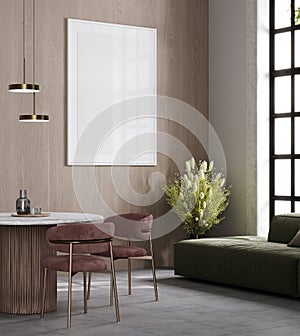 Big frame mockup in modern wooden interior background with pink chair, 3d rendering