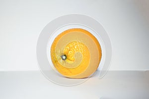 Big fresh single orange fruit lying on a white table