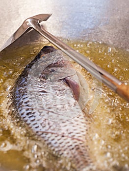 Big fried fish in a frying pan close up