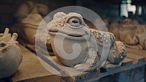 A big frog ceramic sculpture on a wooden table in ceramic workshop clay pottery