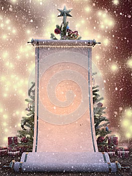 Big Frozen Wish list Scroll with Christmas Tree and presents in the background